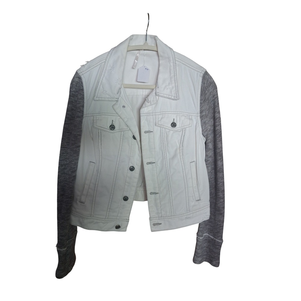 Free people denim jacket S/P distressed look white gray Missing hoodie.